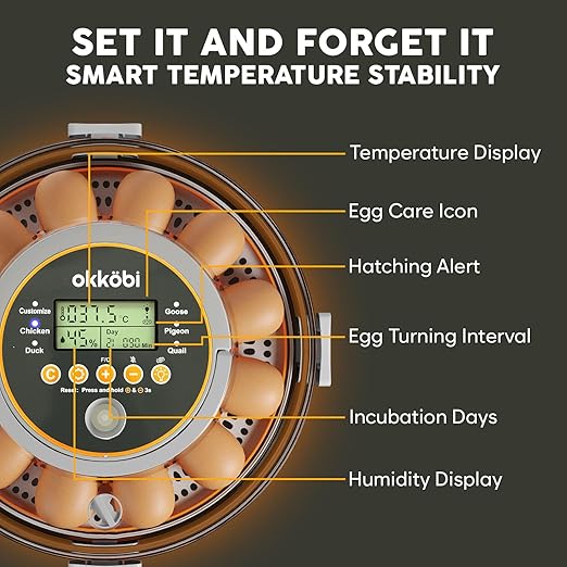 12 Egg Incubator with Automatic Egg Turning and Humidity Control – Temperature Adjustment – incubators for Hatching Eggs – Built-in Egg Candler – Incubadora de Huevos de Gallina – Easy to Use