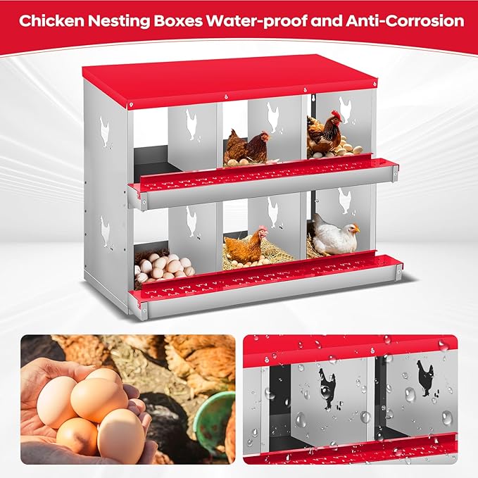 Garvee 6 Compartment Chicken Nesting Box, 2 Layer Wall Mount/Free Standing Poultry Nest for Chickens, Hens, Ducks, Metal Chicken Laying Boxes with Perch, Secure Lid, Vented Holes, Red