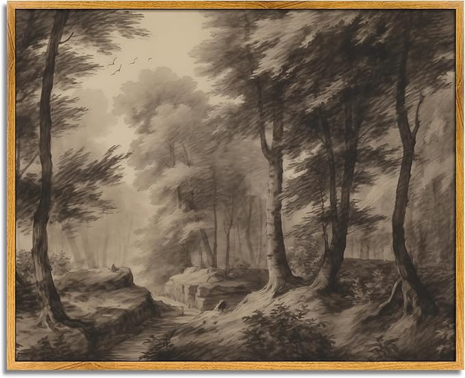 Vintage Forest Landscape Wall Art Neutral Vintage Framed Art Brown Woodland Print Abstract Forest Painting Neutral Landscape Prints Tree Sketch Botanical Poster Antique Brown Wall Art for Living Room