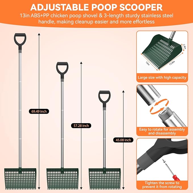 Chicken Poop Scooper & Rake 2-in-1, Chicken Coop Accessories with 13in Wider PP Head & Adjustable Stainless Steel Handle, 33''-69'' Pooper Scooper Sand Sifting Shovel Litter for Small Farm Animals