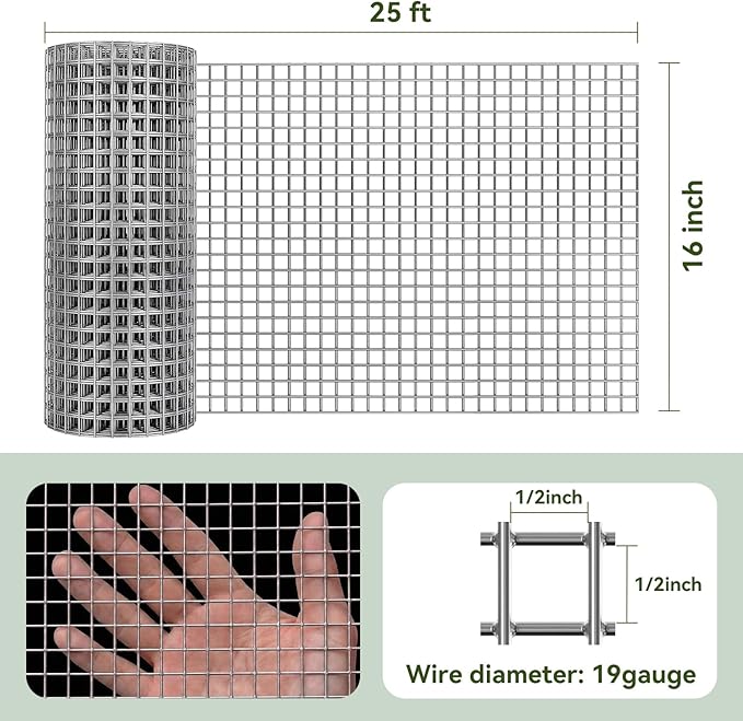 AMAGABELI GARDEN & HOME Hardware Cloth 1/2 inch 16inx25ft Galvanized After Welding 19 Gauge Square Chicken Wire Fence Mesh Roll Raised Garden Bed Plant Supports Poultry Netting Cage Snake Fence