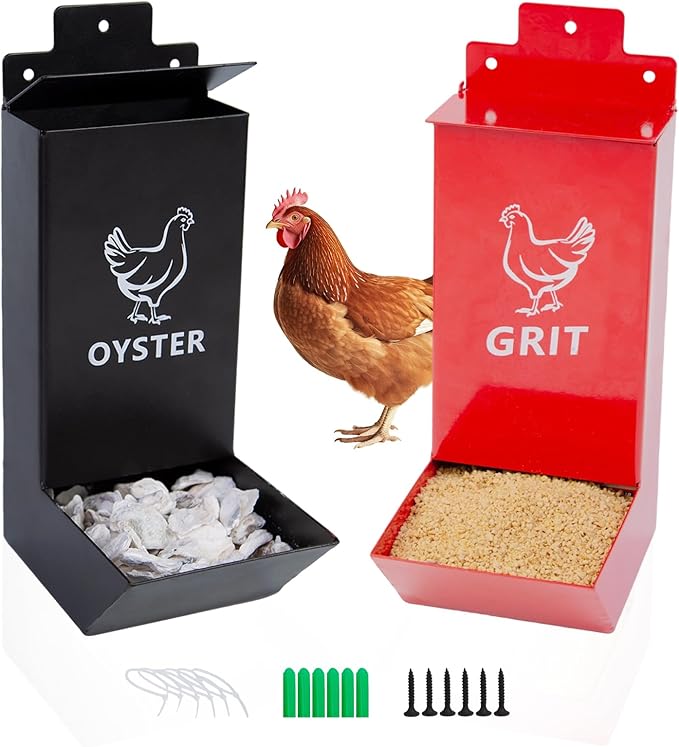 2-Pack Metal Chicken Grit Feeder & Oyster Shell Feeder with Lid-Heavy Duty Hanging Automatic Gravity Poultry Feeder-Chicken Coop Accessories-No Waste Feeders for Hens, Ducks, Quail