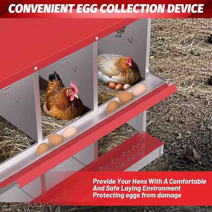 Metal Chicken Nesting Boxes, Heavy-Duty Galvanized Steel Egg Laying Box with 8 Compartments, Rustproof, Easy to Install & Clean, Wall-Mountable Design for Poultry Coops- Red Without Stand