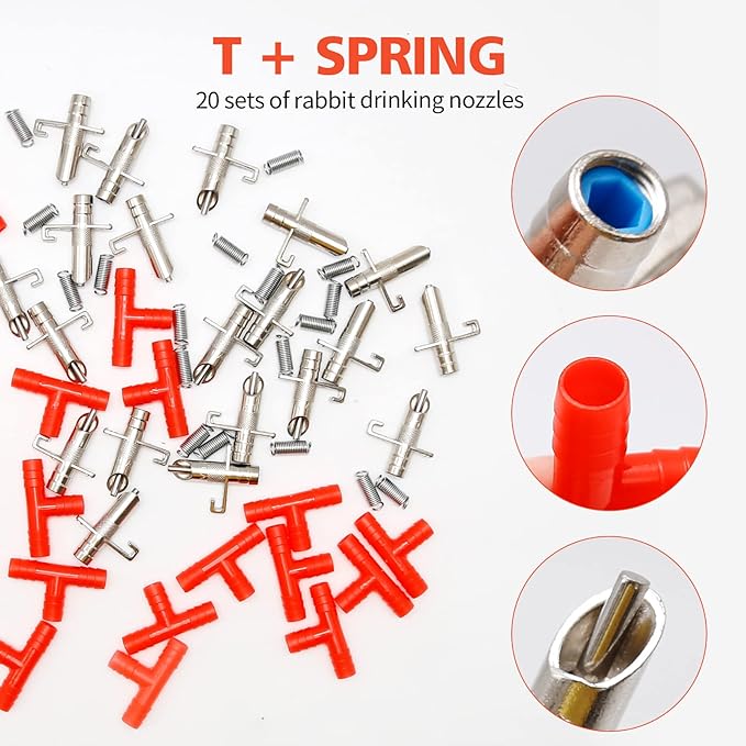 20pcs Rabbit Drinking Fountain, Automatic Rabbit Watering System Kit (10m Length 8MM Transparent Hose, Water Nipples Drinker, Feeders Spring Latches)