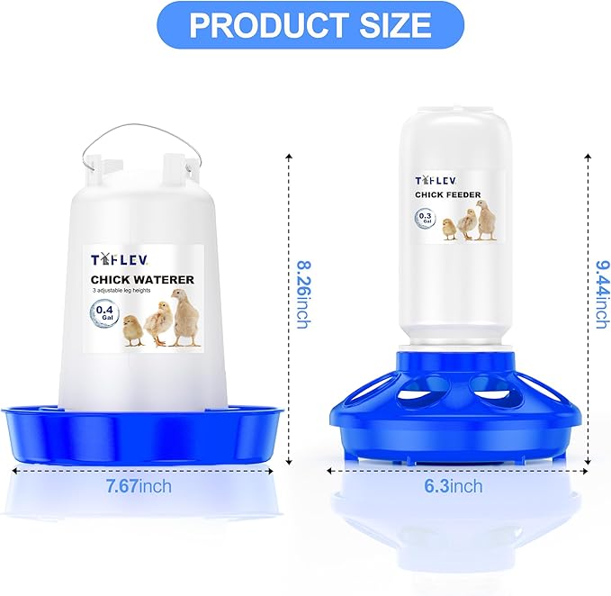 Baby Chick Feeder and Waterer Set with Adjustable Height, Anti-Drown Poultry Waterer for Raising Chicks in Brooder (0.3 Gal Chick Feeder & 0.4 Gal Chick Waterer, Blue)