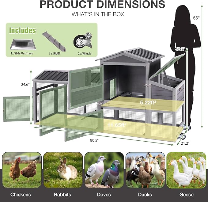 80" Large Chicken Coop on Wheels, with Run, Outdoor Wooden Hen House with Nesting Box, Leakproof Pull-Out Tray & Waterproof Roof, for 4–6 Chickens