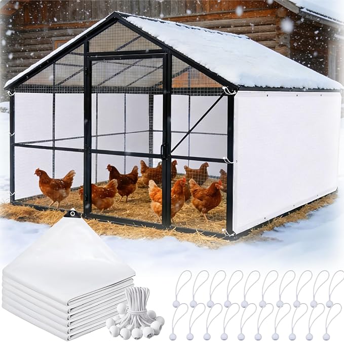 11.3 x 6.5 FT Chicken Coop Cover, Waterproof Chicken Run Tarp with 20 Ball Bungees Cords, Poultry Winterizing Insulation Blanket for Winter, Large Sun Snow Cloth for Outdoor, Easy to Install