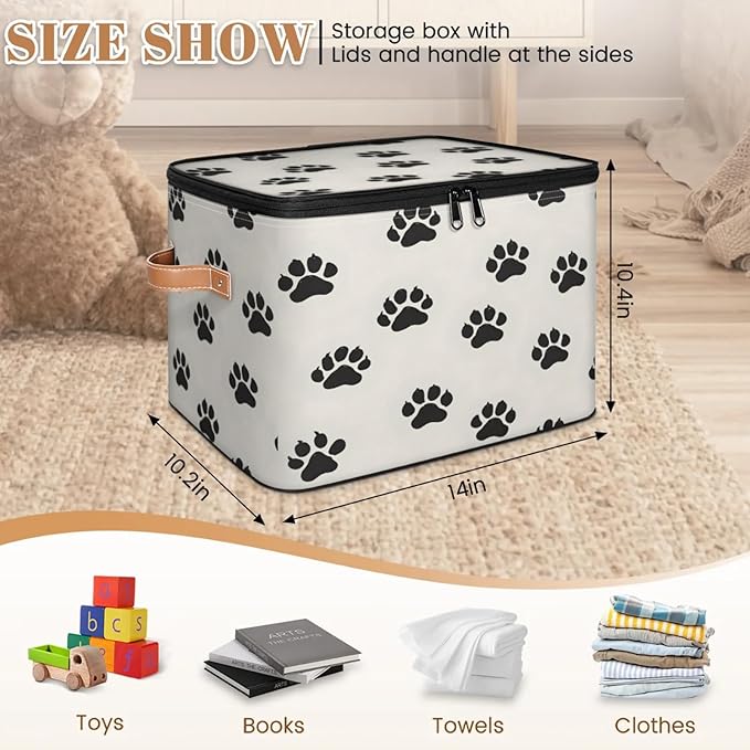 Storage Cubes with Lid Fabric Storage Bins Boxes PU Leather Handles, Dog Pet Paw Print Closet Organizer Container Foldable Washable Shelf Cloth Basket, Cat Pet Paw