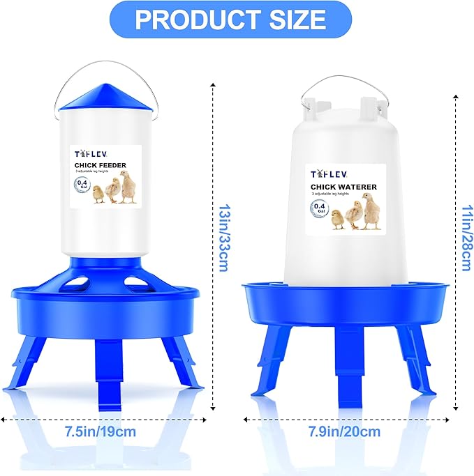 Top Filling Chick Feeder and Waterer Set with Scoop, 0.4Gal Chick Feeder and 0.4Gal Chick Waterer with 3 Heights Adjustable Legs for Chicks (Blue)