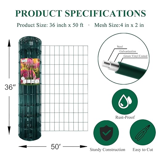 Green PVC Coated Welded Wire Fence 36 Inch x 50 Foot, 2 Inch x 4 Inch 14GA, Garden Border Fencing Roll Vinyl Coating Metal Wire Mesh Hardware Cloth for Yard Vegetable Plant Protection