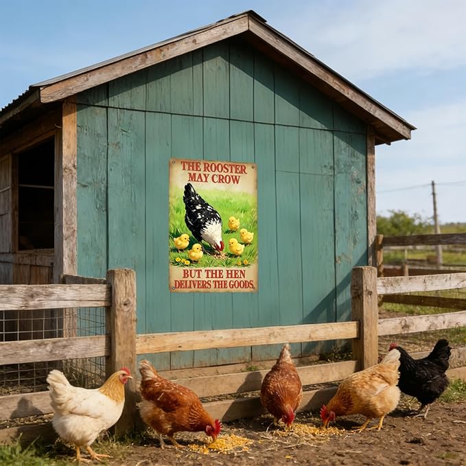 Funny Rooster Decor The Rooster May Crow But The Hen Delivers The Goods Rustic Tin Sign For Home Farm Chicken Coop Decor 12x8 Inch