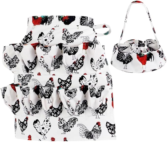 Apron For Egg Collecting Plus Basket Set, Housewife Farmhouse Kitchen Workwear, Long-Lasting Canvas Egg Gathering Carriers, Apron With Twelve Pockets And Basket With Seven Pockets