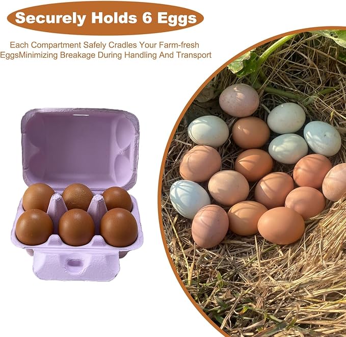 Purple Reusable Egg Cartons, 20 Pack Half Dozen Paper Pulp Containers with 50 Handling Instruction Cards, Perfect for Farm Fresh Chicken Eggs Storage