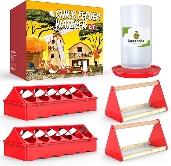 Chick Feeder and Waterer Kit - Baby Chicken Supplies with Chicks Perch, Plastic Feeder Trough and 1.2L Waterer, Chicken Starter Kit for Coop and Brooder for Small Poultry Ducks Quail