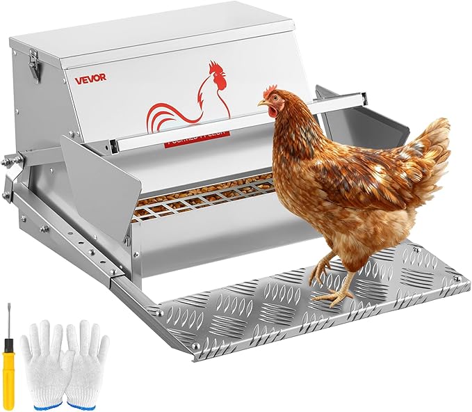 VEVOR Automatic Chicken Feeder, 25 lbs Capacity, Rainproof Treadle Poultry Feeder with Lockable Lid, No Waste, Galvanized Steel Construction, Outdoor Use, for Chicken, Bantams, Poultry, Pheasants
