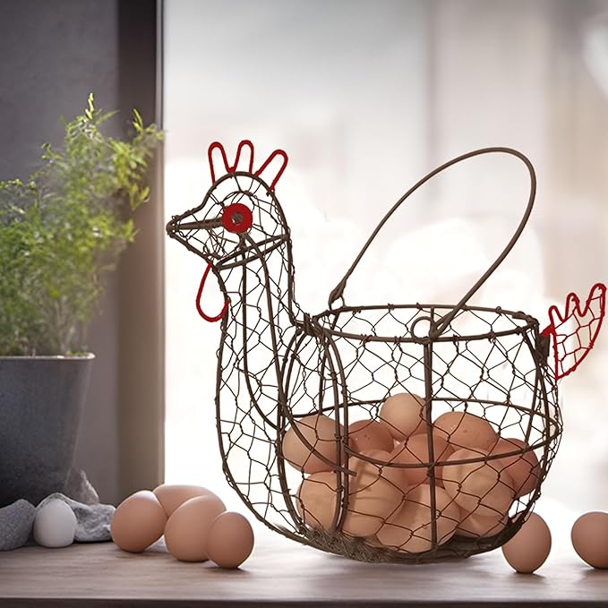 TAIANLE. Wire Chicken Egg Basket for Gathering Fresh Eggs, Rustic Rooster Shaped Egg Collecting Basket for Farm Fresh Eggs with Handle, Kitchen Countertop Storage, Vintage Farmhouse Decor Organizer