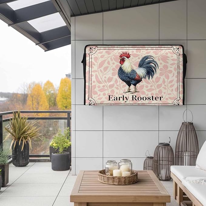 Waterproof Outdoor TV Cover 60 to 65 Inch, Farm Chicken Rooster on Vintage Linen Outside Flat Screen Televisions Weatherproof Cover Size 58"L x 37"H, Pink Flower Plant TV Protector With Zipper