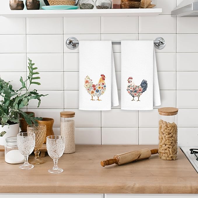 Floral Chicken Kitchen Towels, Chicken Lover Mom Lady Gifts Hand Towels for Bathroom Kitchen, Aesthetic Farm Animal Hens Decorative Dish Towels Drying Cloth, 16x24 Inch Set of 2