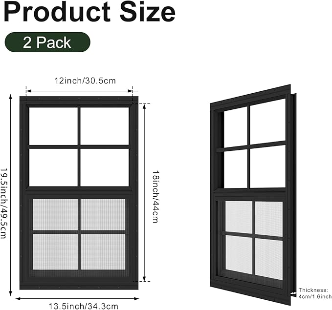 2 Pack Shed Windows 12" x 18" Flush Mount Window with Tempered Glass and Fiberglass Screen for Chicken Coop Sheds Barns Playhouse -Black