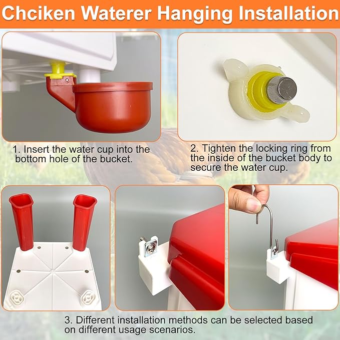 Hanging Automatic Chicken Waterer, Plastic Chicken Water Poultry Drinker, Detachable Legs, Poultry Water, Fresh Water for Chicken, Goose, Duck (Light Red, 2 Gallon)