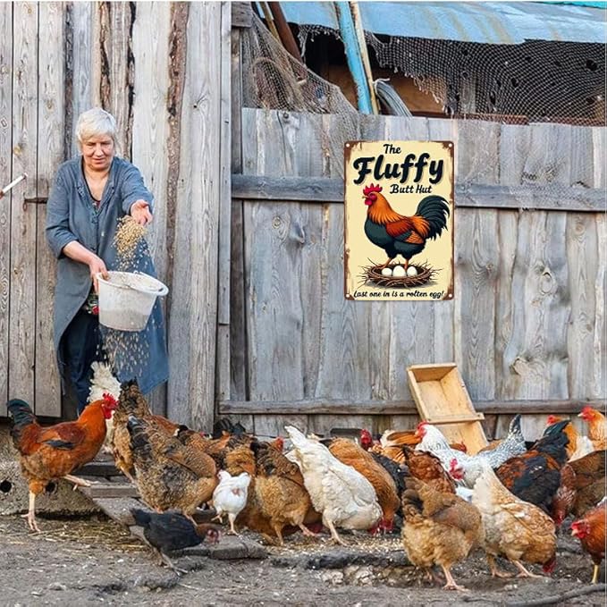 Fluffy Butt Hut Chicken Sign 6x8 Inch Outdoor Decor with Funny Farmyard Saying Last One in is A Rotten Egg for Yard Patio Farmhouse