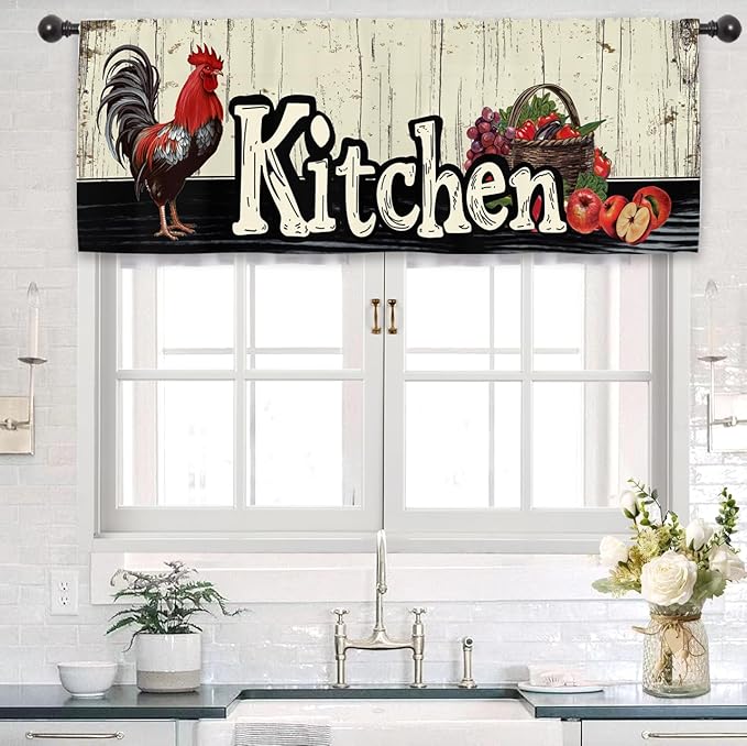 Rooster Chicken Kitchen Curtain Valance 54W x 18L Inch Farmhouse Rustic Country Rural Wood Wooden Fruit Rod Pocket Short Cafe Small Window Treatment Drapes Decor