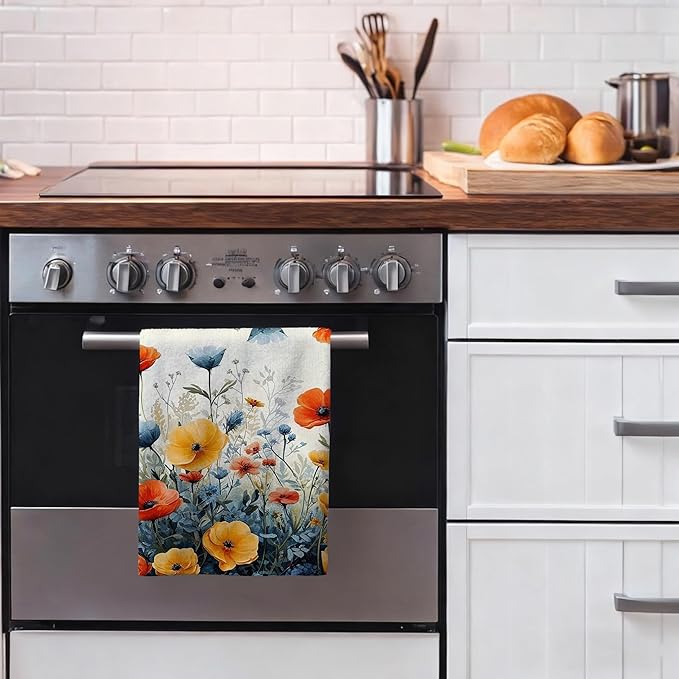 Rustic Wildflower Decorative Kitchen Dish Towels, Colorful Floral Hand & Tea Towel Set of 4, Orange and Blue Dish Cloths for Farmhouse Kitchen Cleaning Drying, Spring Summer Decor