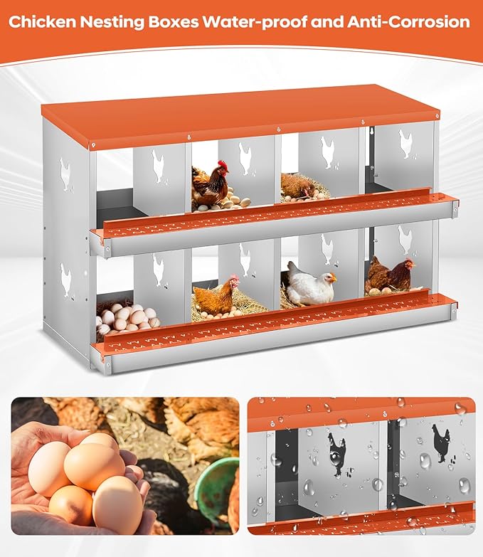 Chicken Nesting Box,8 Compartments Nesting Box for Chickens, Two-Tier Galvanized Metal Wall Mount Chicken Egg Laying Box with Large Vented Holes for Easy Egg Collection ﻿