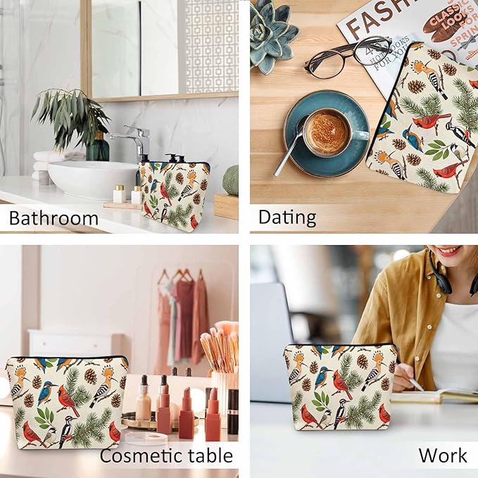 Makeup Bag For Purse Cardinal Bird, Tropical Christmas Cardinal Robin Bullfinch Cosmetic Bags For Women Zipper Travel Toiletry Pouch Makeup Bags Makeup Organizers For Toiletries Cosmetics