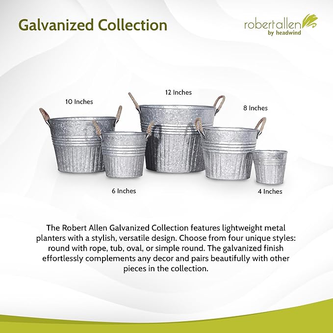 Headwind Decorative Planter - Round Galvanized Bucket w/Rope Handles – 12 Inch Metal Tub Bucket Planter for Outdoor Plants w/Drainage Hole – Galvanized Large Outdoor Planters Buckets by Robert Allen