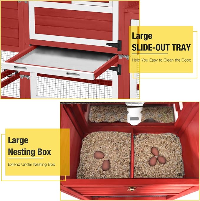 Aivituvin Mobile Chicken Coop with Wheels for 4-6 Chickens, Backyard Expandable Chicken House Duck Cage with Run, 2 Nesting Boxes, Easy Clean Pull-Out Tray, Leak-Resistant Asphalt Roof, 82.4"(Red)