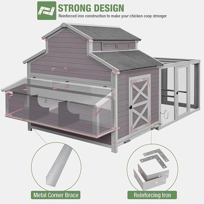 115’’ Large Chicken Coop with Run, Wooden Hen House with Nesting Boxes, Outdoor Poultry Cage with Waterproof Asphalt Roof for 8-10 Chickens, Chicken Tractor with Leakproof Pull-on Tray