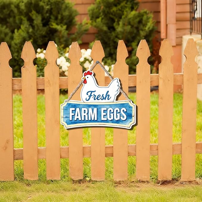 Farmhouse Kitchen Wall Decor, Fresh Farm Eggs Chicken Sign, Rustic Wood Hanging Plaque, Watercolor Farmhouse Wall Art Painting Style, Country Rustic Wall Decor for Home, 11.8x9.2 Inches