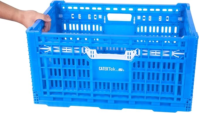 Restaurantware Plastic Milk Crates for Storage - Cater Tek Stackable Storage Buns for Organizing - Collapsible Storage Basket for Groceries, Home Supplies, Blue