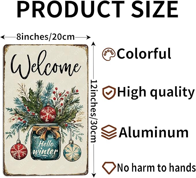 Welcome Hello Winter Tin Sign Funny Metal Sign Aluminum Sign For Home Office Cafe Garden 12×8 Inch