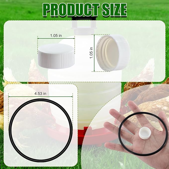 Plastic Poultry Waterer Replacement Parts Kit - 10 Caps & 4 O-Rings, Compatible with Miller, Little Giant PPF & Farm-Tuff 3/5/7 Gallon Poultry Founts (White)