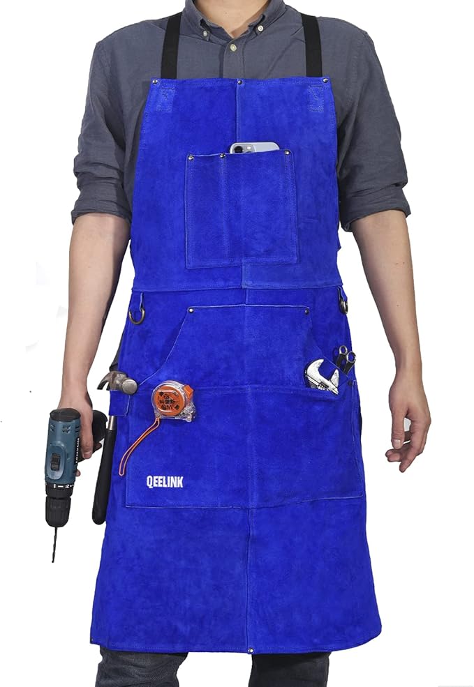 QeeLink Leather Welding Work Apron with 6 Tool Pockets, Heat & Flame Resistant Welder Aprons, 24" x 36", Adjustable M to XXXL