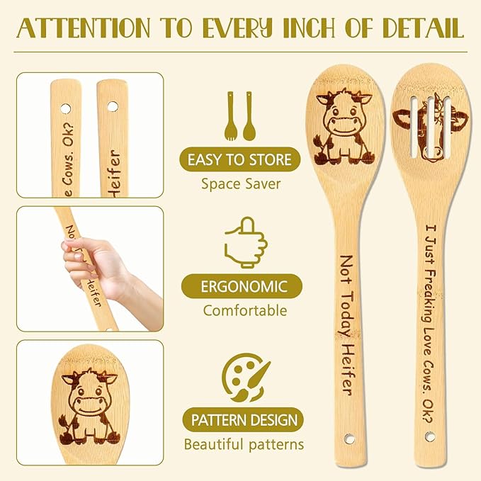 Highland Cow Gifts for Women - Cow Wooden Spoons for Cooking Mothers Day Gifts Bamboo Highland Cow Kitchen Accessories Cow Decor for Cow Lovers Engraved Wooden Cooking Spoons Cow Stuff 5PCS