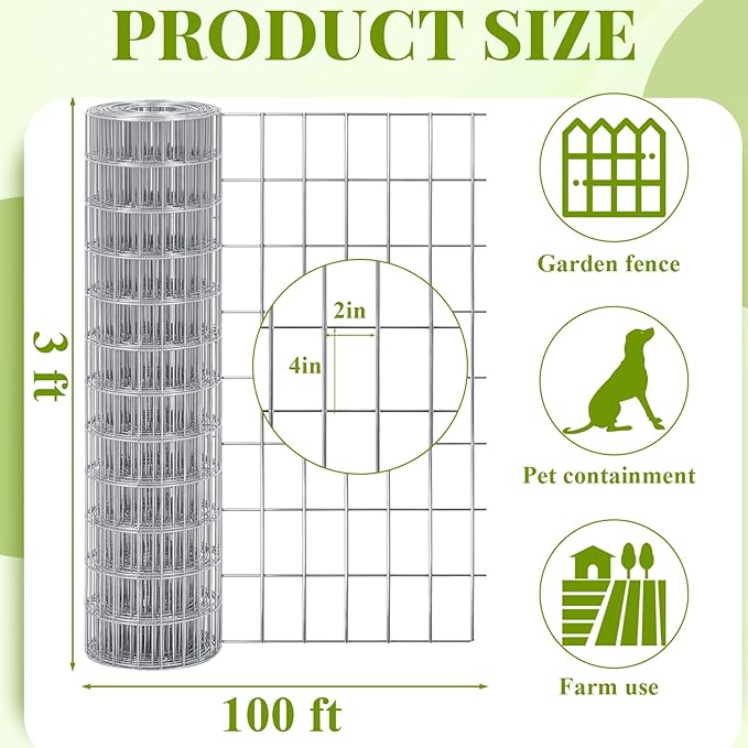 Gisafai 36in x 100ft Welded Wire Fence, 2 Inch x 4 Inch 16 GA, Galvanized Metal Garden Fence Roll Wire Mesh Netting for Goat Deer Cattle Animal Enclosures and Yard Vegetable Plant Protection,Silver