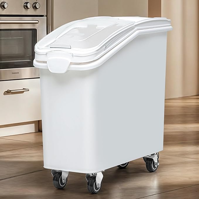 DWVO 27 Gal Large Ingredient Storage Bin, Flour Rice Food Storage Containers Bin with 500 Cups, Commercial Bins with 360° Wheels, Scoop and Lid for Kitchen, White