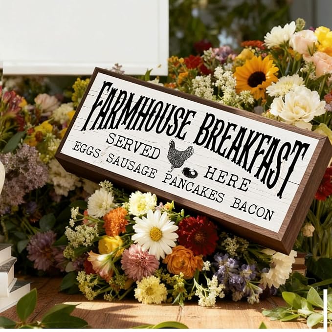 Kitchen Wood Sign, Farmhouse Breakfast Served Here Sign, Wall Tabletop Decoration, Sausage Decor, Rustic Home Decors for Kitchen, Dining Room Decors 9.5x3.1x1 inches