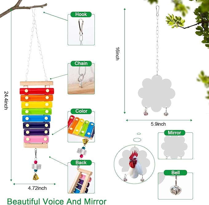 13 Pack Chicken Toys for Coop Accessories - Chicken Xylophone Toy, Chicken Mirror, Chicken Ladder Bridge, Coop Swing, Vegetable Hanging Chicken Feeder, Chewing Foraging Toys, Gifts for Hens