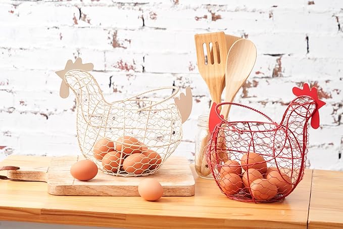 Tag 11.5 Antique White Farmhouse Rustic Vintage Chicken Wire Egg Basket With Handle For Egg Holder Fruit And Kitchen Living Room Home Rooster Decor Decoration Collecting And Countertop Storing Eggs
