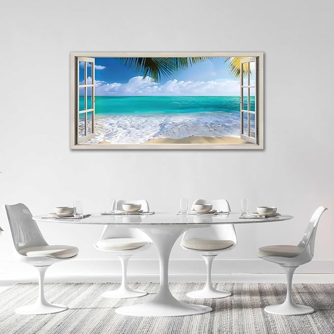 Beach Window Wall Art Ocean Palm Pictures Wall Decor Coastal Large Canvas Prints Paintings Home Office Decorations Framed Artwork for Living Room 60"x30"