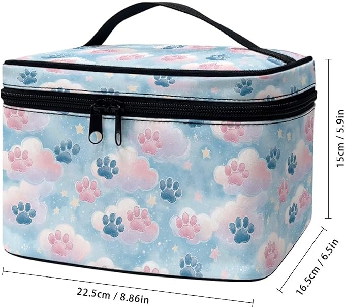 Travel Makeup Bags for Women Portable Tote Cosmetic Case with Carry Handle Toiletry Accessories Storage Organizer Bags for Valentine's Day, Cute Paws Blue