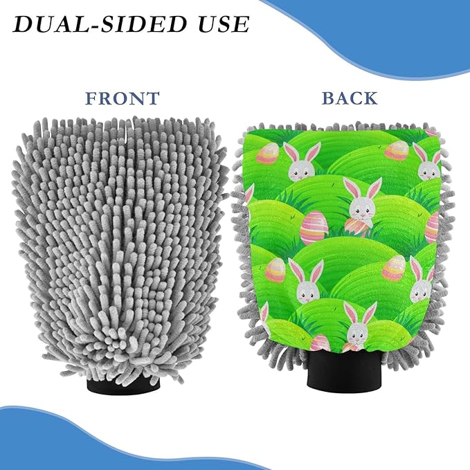 Emelivor Easter Bunny Egg Meadow Car Wash Mitt Microfiber Cleaning Gloves Brush Scrub Mitts Pads Non Scratch for Car Home Cleaning 2 Pack