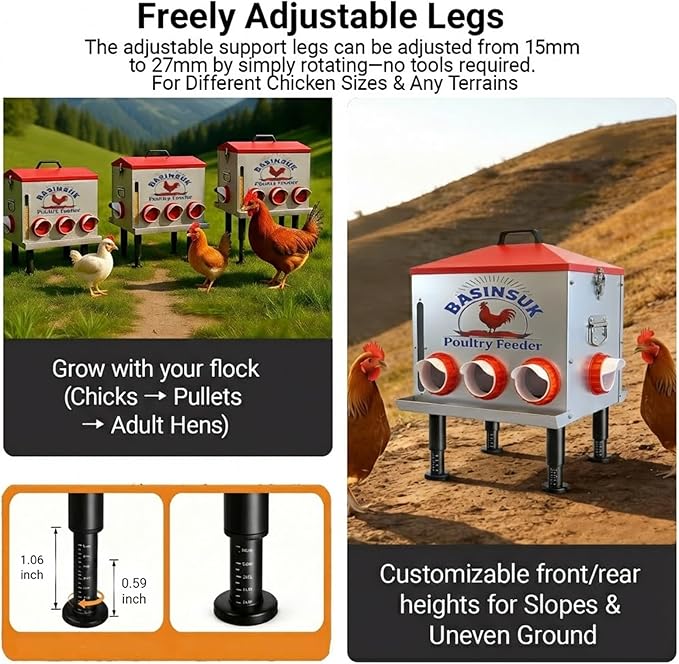 10Gal 55lb Automatic Chicken Feeder 8 Ports, Large Metal Poultry Feeder No Waste Rat-Proof with Window & Catchment Tray, Height Adjustable Waterproof Rust-Proof for Backyard Coop Duck Turkey