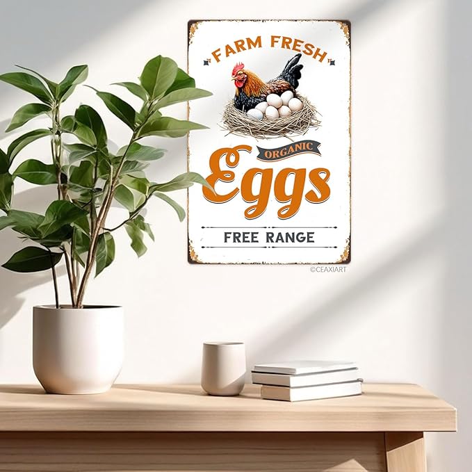 Farm Fresh Eggs Tin Sign Chicken Coop Metal Signs Funny Hanging Plaque For Hen House Outdoor Rustic Decoration Vintage Chick Inn Accessories Garden Yard Fence Home Decor 12x8 Inch