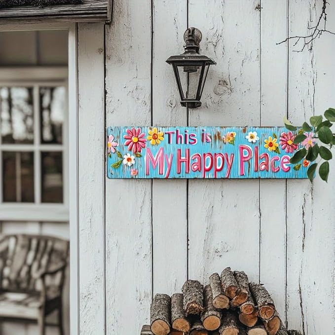 This is My Happy Place Metal Tin Sign Rustic Floral Wall Decor for Bedroom Living Room Kitchen Bathroom Porch 4x16 Inch
