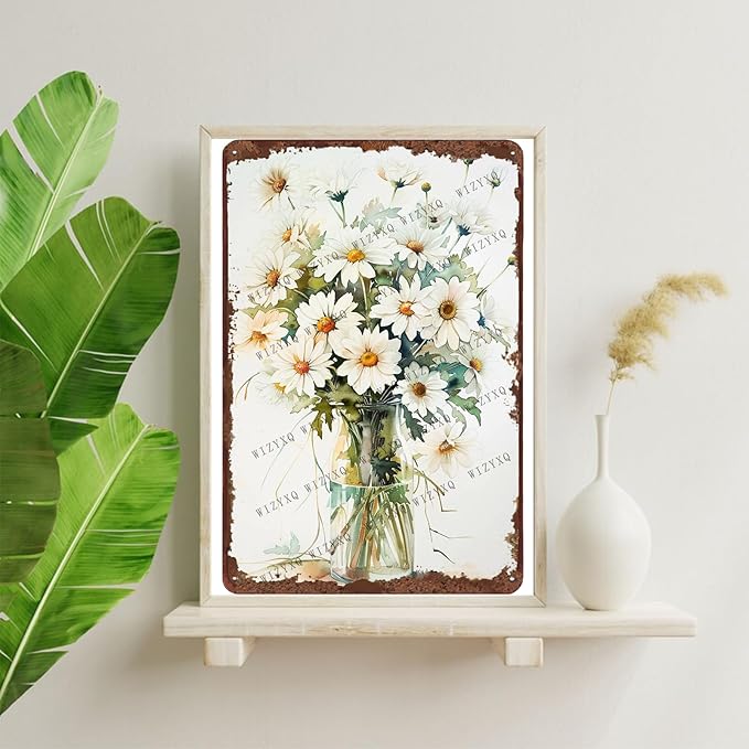 Metal Signs - Beautiful White Daisy Flowers Vintage Retro Aluminum Metal Tin Sign for Home Office Kitchen Bar Cafe Garden Wall Decor 12x8 Inch